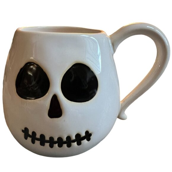 POTTERY BARN Stoneware Halloween Skeleton Mug Whimsical Folk Art Oversized 18 oz - Picture 1 of 10